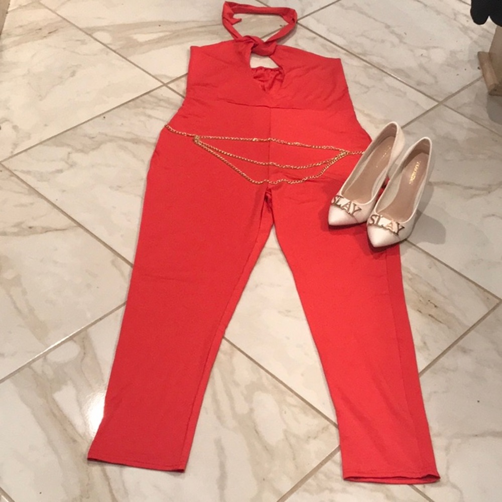 Coral Colored Stretchy and Silky Body Suit with Gold Chain Belt Size XL